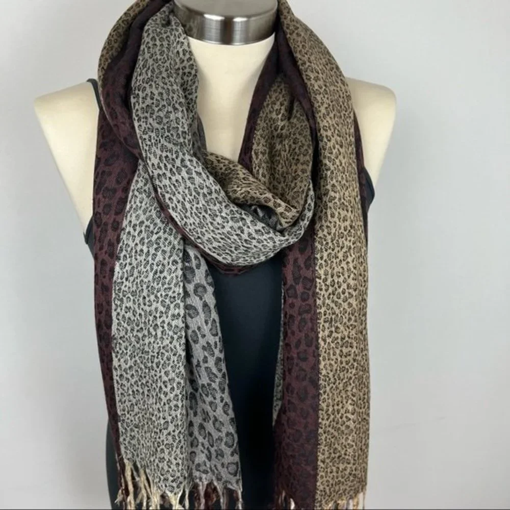Color Block Striped Animal Print Scarf Shawl with Fringe